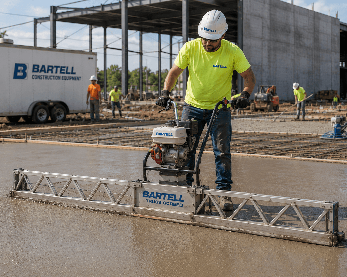 Bartell concrete truss screed leveling freshly poured concrete slab on construction site